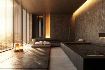 Fototapeta premium A luxury modern spa retreat 3D background room with a minimalist zen aesthetic, featuring a large heated onsen, smooth stone walls, and soft ambient lighting. The sound of gently trickling water