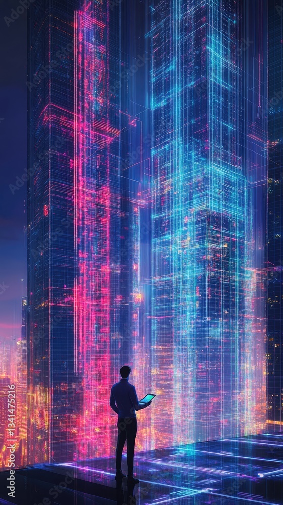 Poster silhouette figure stands viewing data streams in vibrant city scape displaying modern digital techno