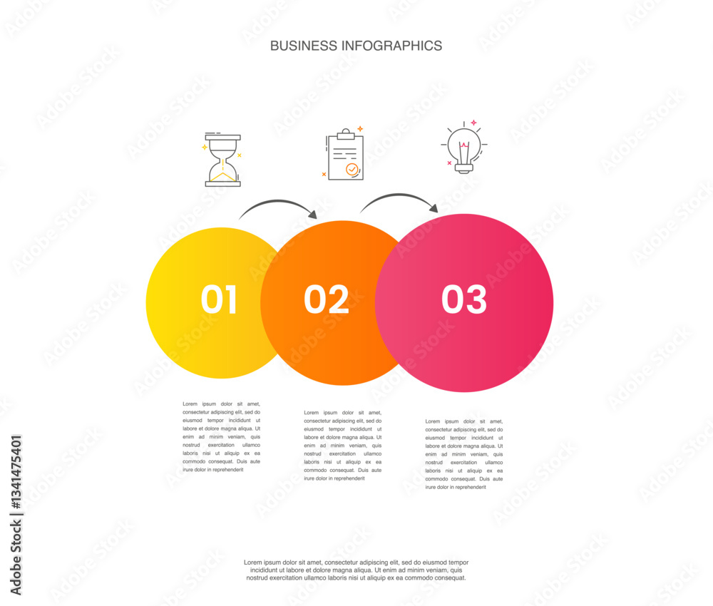 Poster business vector infographics with three circles and arrows. timeline visualization with 3 steps for 