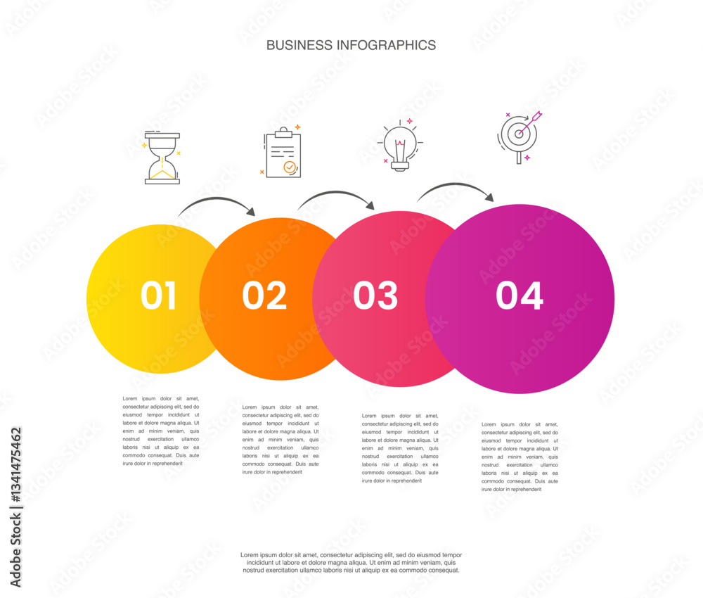 Poster business vector infographics with four circles and arrows. timeline visualization with 4 steps for d