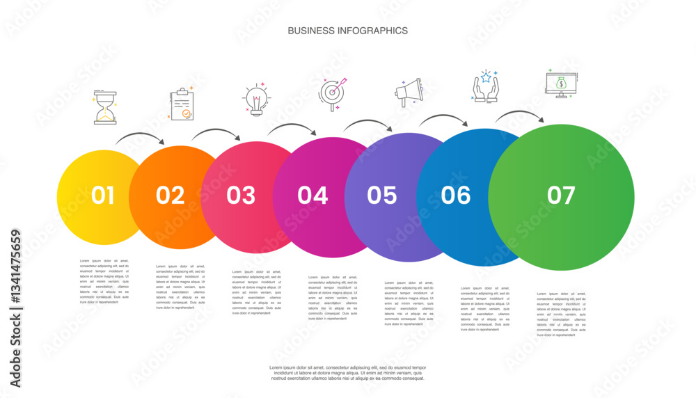 Poster business vector infographics with 7 circles and arrows. timeline visualization with seven steps for 