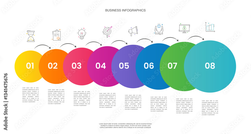 Poster business vector infographics with 8 circles and arrows. timeline visualization with eight steps for 