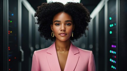 A confident woman in a pink blazer stands in a high-tech server room, showcasing professionalism and modernity.