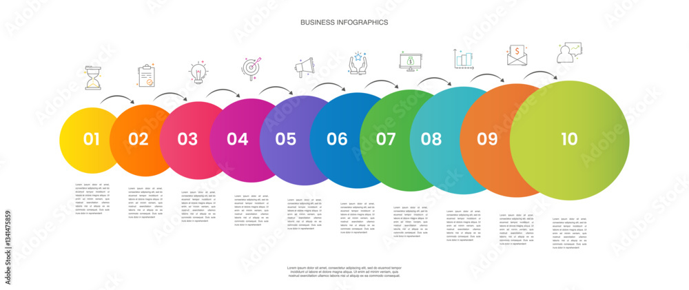 Poster business vector infographics with ten circles and arrows. timeline visualization with 10 steps for d