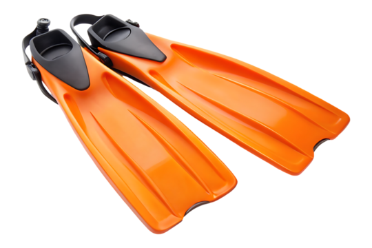 Orange scuba flippers for swimming and diving on transparent background