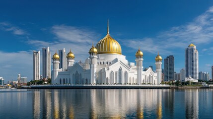 Naklejka premium Majestic mosque reflected on a calm lake, city skyline in background. Possible use stock photo