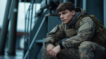 Fototapeta premium Young male soldier in military uniform looking thoughtful while sitting on a ship deck