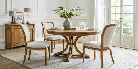 Elegant Wooden Dining Table Set – Classic Round Table with Upholstered Chairs for Stylish Interiors