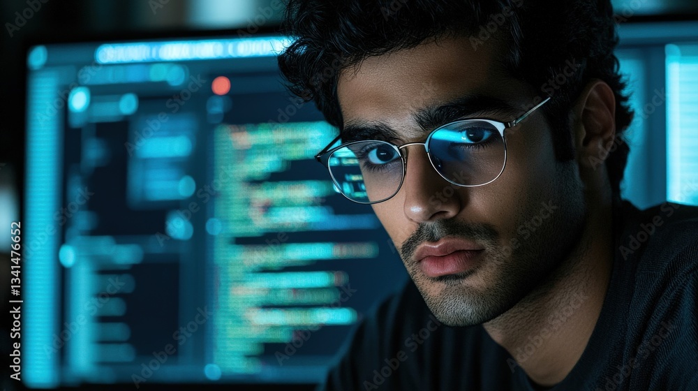 Aufkleber a focused young man with glasses looks intently at computer code on a glowing screen, embodying the 