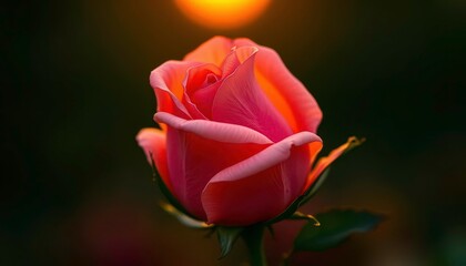 Close-up of a single velvety rose unfolding at sunset, photography, twilight