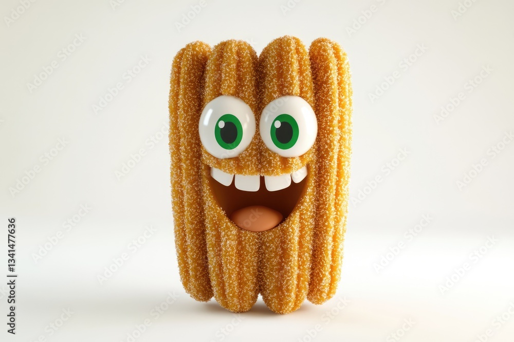 Poster a 3d rendering of a churro with a funny, happy face expression.