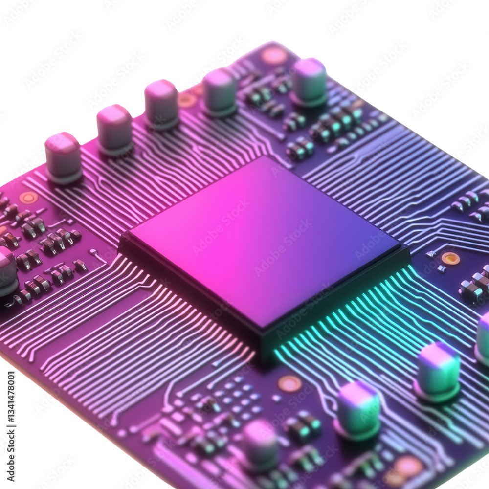Poster circuit board with colorful electronic components. isolated on white background