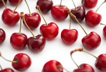 Close-up of glistening red cherries on white background, minimalist style, single cherry, background