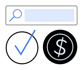 Search bar with blue magnifying glass, black circle with white dollar sign, and checkmark in outline circle. Ideal for finance, approval, search tools, decision-making, online business, success flat