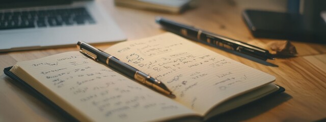Close-Up of a Notebook and Pen on a Wooden Desk with Laptop in Background, Ideal for Creative and Productive Work Environments