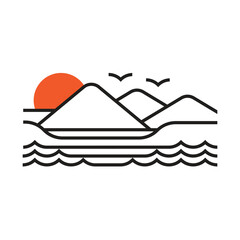 a view of the coast and mountains between birds and the sun