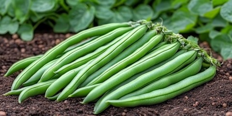 Obraz premium Freshly Picked Green Bean Pods Close Up View, Against Dark in photo agencies style, at 88