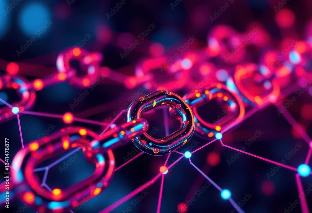 Poster close-up of interconnected digital chain links forming an abstract network, circuit, digital