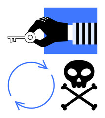 Hand holding key, skull and crossbones, and circular arrows representing risk, security, piracy, renewal, responsibility, access and danger. Ideal for cybersecurity crime ethics consequences