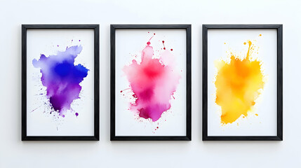 Fototapeta premium Three framed abstract watercolor paintings with vibrant splashes of blue, pink, and yellow. 
