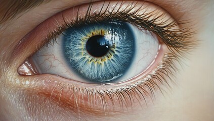 Close-up of a blue eye with a detailed iris and pupil, showcasing the health of the vision in an adult person