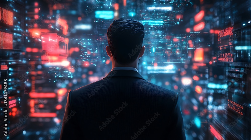 Poster professional navigates dynamic business forecasts with interactive holographic ai models.