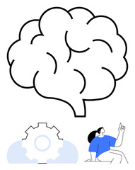 Brain shape above a gear and a thoughtful person pointing upward. Ideal for innovation, creativity, mental health, problem-solving, brainstorming, learning, and decision-making. Flat simple metaphor