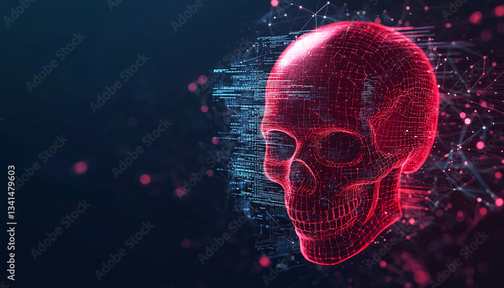 Poster digital representation of skull vibrant red hue, surrounded by abstract data patterns, symbolizes in