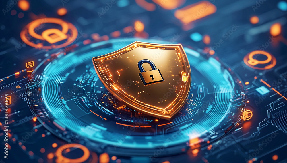 Poster digital shield symbolizing security, concept of protection in technology, with glowing elements and 