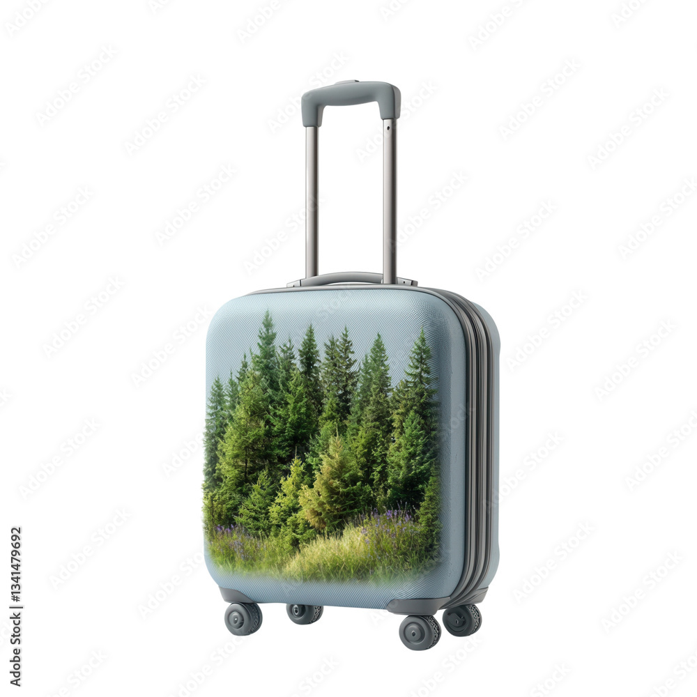 Poster a suitcase featuring a forest design on its surface. isolated on white background