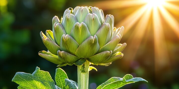 Vibrant Green Globe Artichoke Bloom bathed in Golden Sunlight, Edible Flower Bud in the Garden