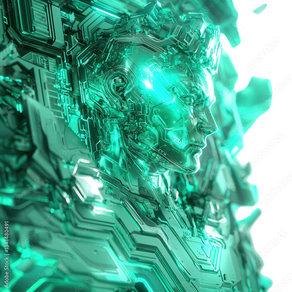 Poster futuristic digital head with circuit patterns in turquoise hues. isolated on white background