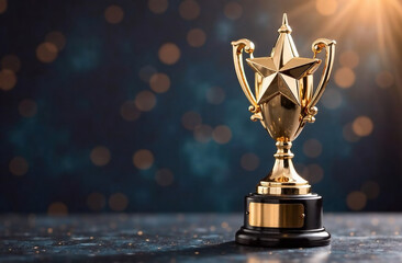 Gold star award trophy mockup on bokeh background, winner concept

