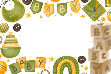 Obraz premium Baby boy and girl toys horizontal border frame. Gender neutral invitation card for baby shower with toys. Hand drawn baby shower things, toy, rattle. Newborn, baby birth, toddler