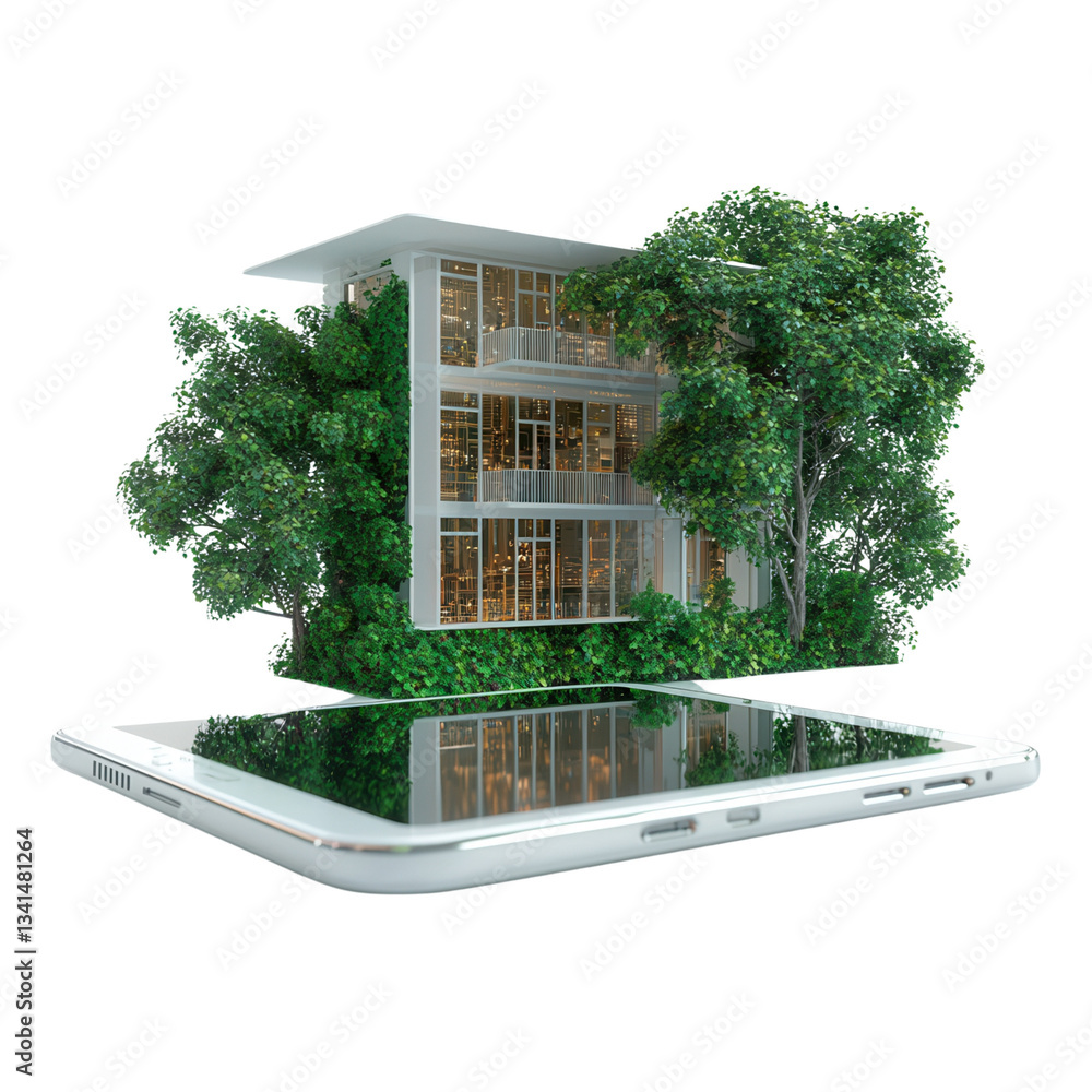 Poster digital building design with greenery on a tablet screen. isolated on white background