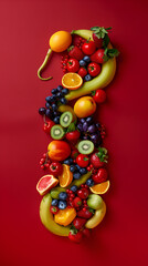 Dynamic Cascading Fresh Fruit Arrangement Against Bold Red Background