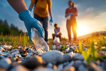 Environmental cleanup: group volunteering collects plastic waste for nature conservation at sunset