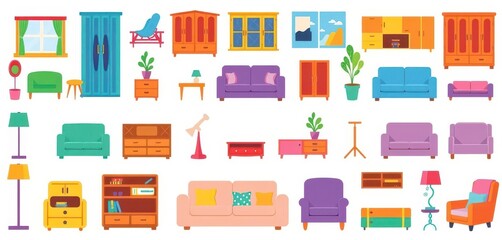 Colorful flat vector icons of various furniture pieces, isolated on white, element, desk