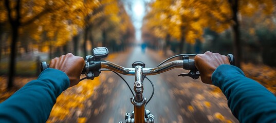 Autumn Bike Ride through Colorful Trees. First-Person View Cycling on an Autumn Day.