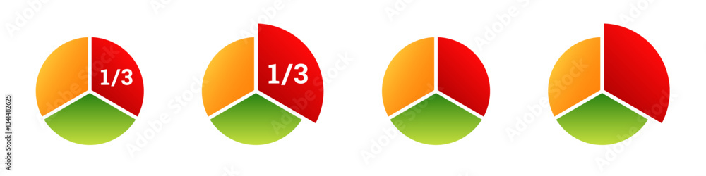 Aufkleber four pie charts displaying various data segments in vibrant red, orange, and green color schemes.