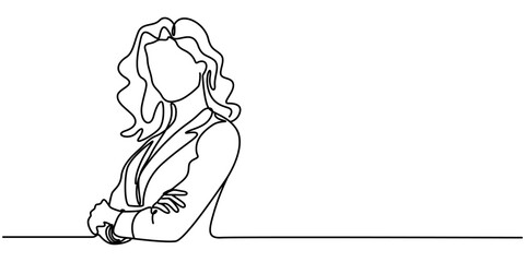 continuous single line drawing of business woman with her arms crossed, line art vector illustration, Continuous line drawing of smiling blonde business woman, continuous line drawing standing.