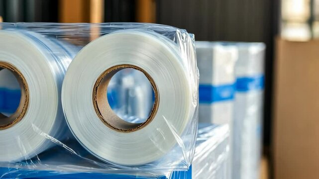 Transparent film rolls stacked in a warehouse ready for packaging and shipment to various industries