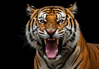 Fototapeta premium Fierce Tiger Portrait Against Black Background. Generative Ai