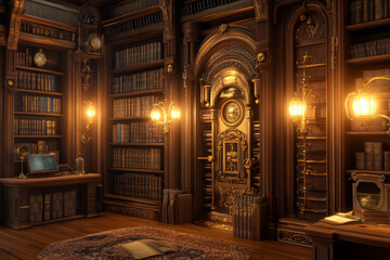 Fototapeta premium A steampunk-inspired library 3D background room with brass bookcases, leather-bound tomes, and intricate clockwork mechanisms embedded in the walls. Soft, warm lighting from vintage gas lamps creates