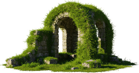 Obraz premium Overgrown Stone Arch Ruins in Lush Green Meadow Landscape Scene