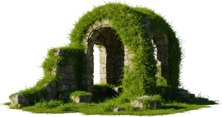 Overgrown Stone Arch Ruins in Lush Green Meadow Landscape Scene