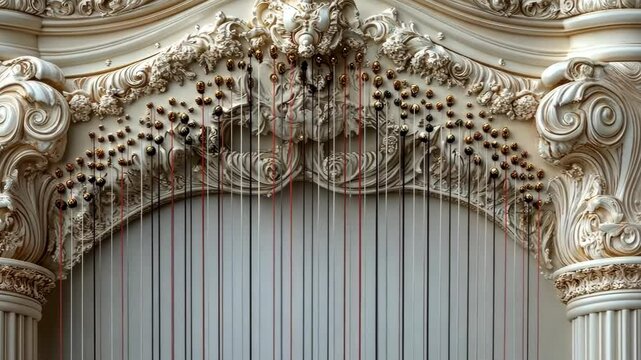 Ornate Harp Detail: A Close-Up of Intricate Carving and Strings