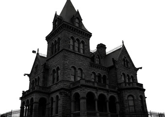 Obraz premium Majestic Stone Mansion Gothic Architecture Dark Grey Exterior Creepy House