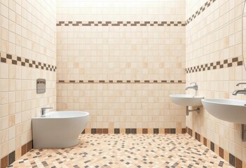 Creamy ceramic tiles, chequered wall & mosaic floor, bathroom background, house, light