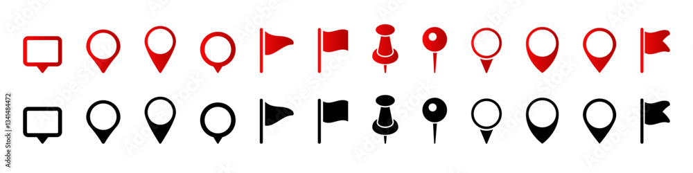 Poster a diverse set of location markers and flags in red and black used for pointing and navigation tools.